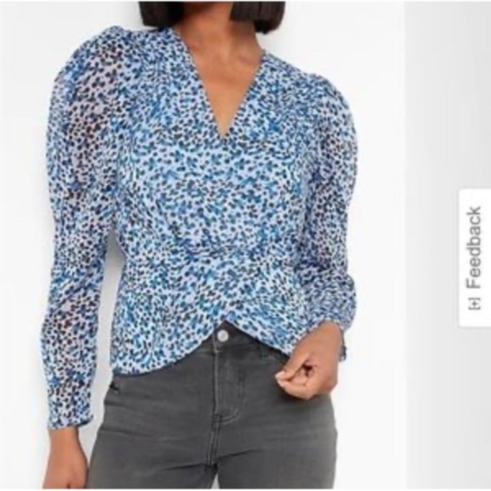New Women's express short sleeve blouse ruffle leopard print XS Blue & black